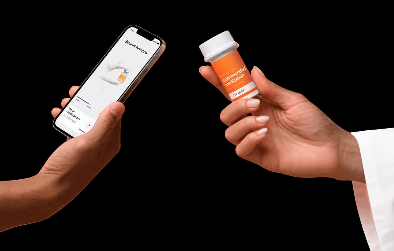 A phone and an unbranded medication vial illustrating a remote care conversation