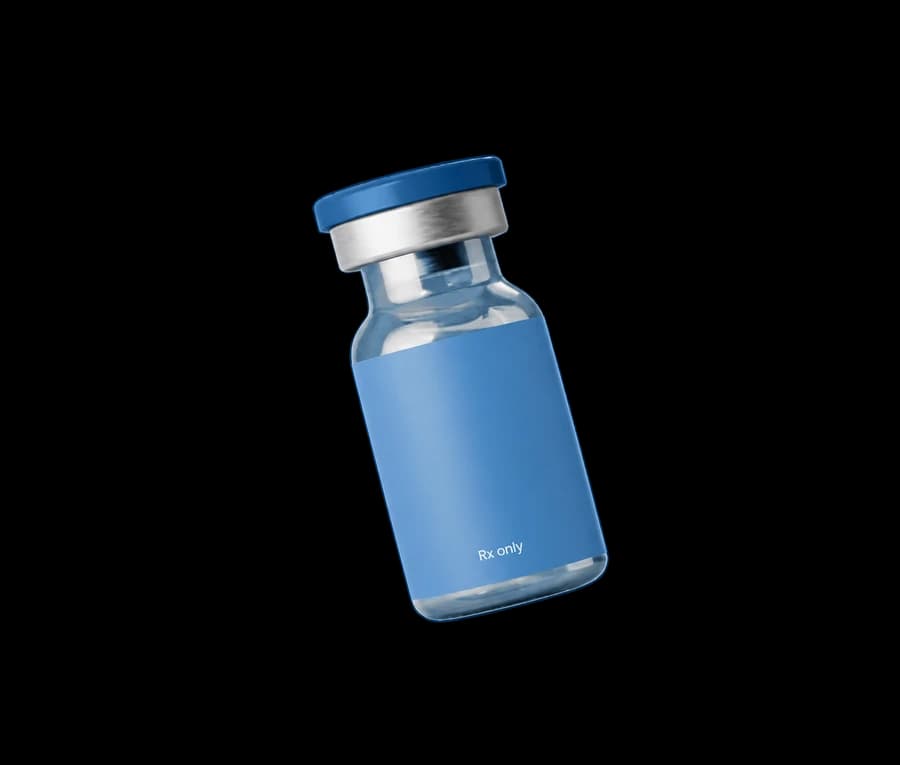 Illustrative blue medication vial with a generic Rx only label and no company branding